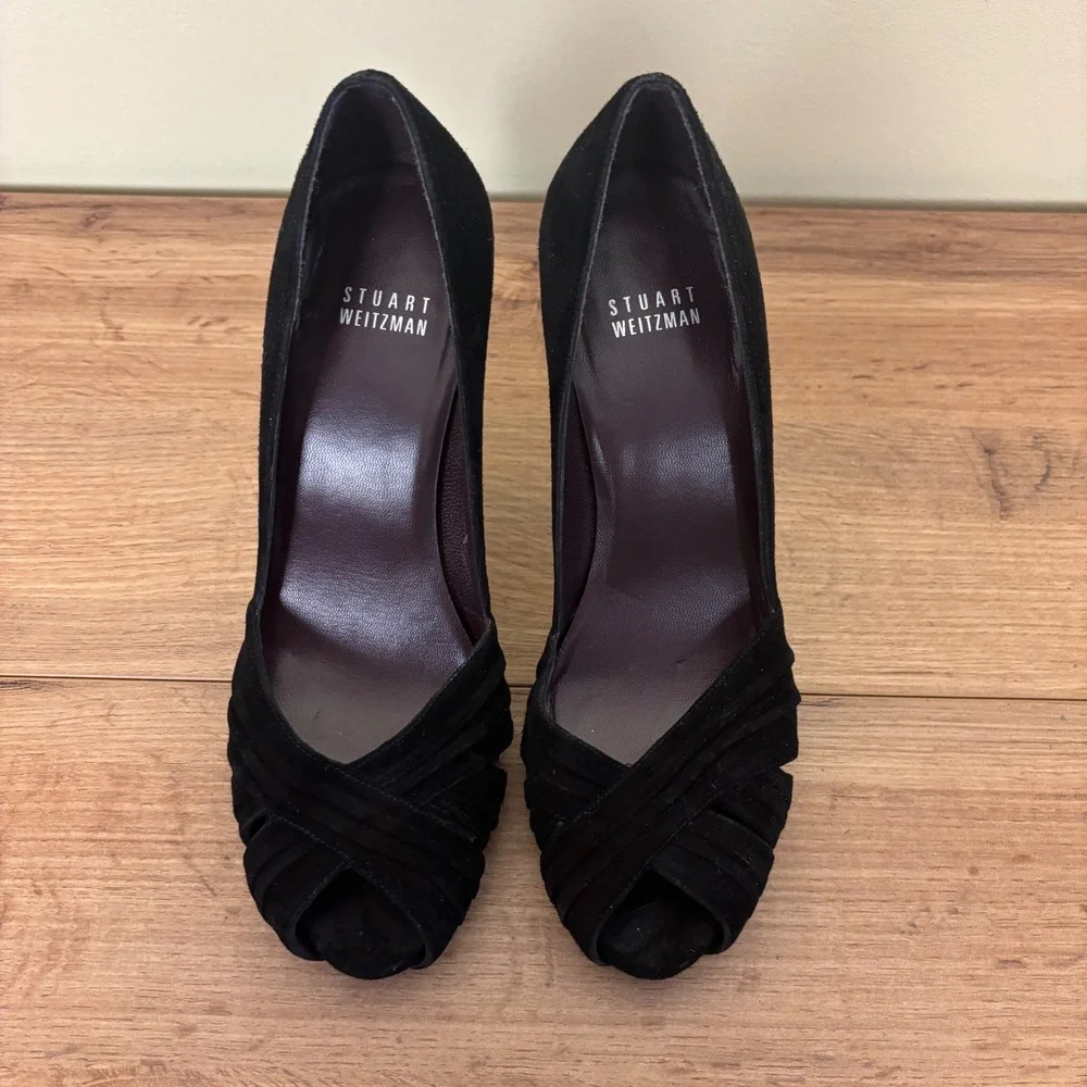 STUART WEITZMAN Suede D'Orsay Peep Toe Pumps Black Women Size 7 Formal‎ Stiletto